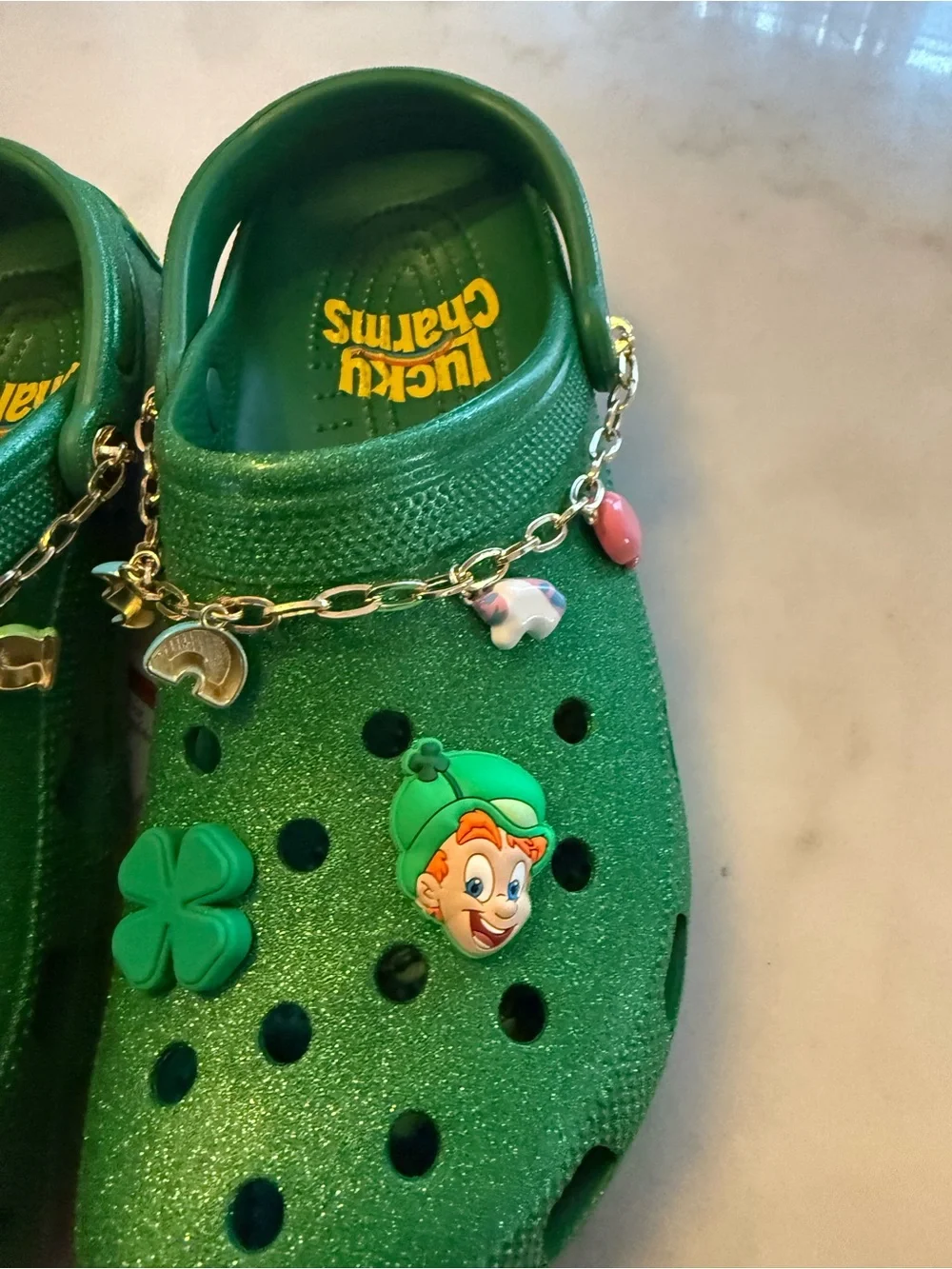 CROCS Men's Green Glitter Clogs with Charm Chain
